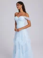A-line Off-the-Shoulder Ruffles Floor-Length Tulle Corset Bridesmaid Dress