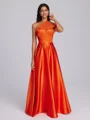 A-line One-Shoulder Pleated Floor-Length Silk Like Satin Bridesmaid Dress