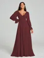 A-Line/Princess V-neck Sweep/Brush Train Long Sleeves Chiffon Bridesmaid Dress