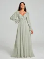 A-Line/Princess V-neck Sweep/Brush Train Long Sleeves Chiffon Bridesmaid Dress