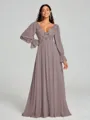 A-Line/Princess V-neck Sweep/Brush Train Long Sleeves Chiffon Bridesmaid Dress