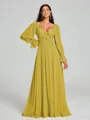 A-Line/Princess V-neck Sweep/Brush Train Long Sleeves Chiffon Bridesmaid Dress