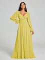 A-Line/Princess V-neck Sweep/Brush Train Long Sleeves Chiffon Bridesmaid Dress
