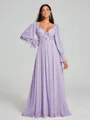 A-Line/Princess V-neck Sweep/Brush Train Long Sleeves Chiffon Bridesmaid Dress