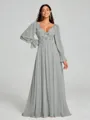 A-Line/Princess V-neck Sweep/Brush Train Long Sleeves Chiffon Bridesmaid Dress