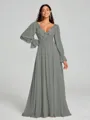 A-Line/Princess V-neck Sweep/Brush Train Long Sleeves Chiffon Bridesmaid Dress