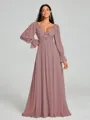 A-Line/Princess V-neck Sweep/Brush Train Long Sleeves Chiffon Bridesmaid Dress