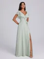 A-line V-neck Short Sleeves Sash/Ribbon/Belt Floor-Length Chiffon Bridesmaid Dress