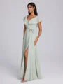 A-line V-neck Short Sleeves Sash/Ribbon/Belt Floor-Length Chiffon Bridesmaid Dress