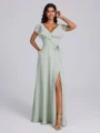 A-line V-neck Short Sleeves Sash/Ribbon/Belt Floor-Length Chiffon Bridesmaid Dress