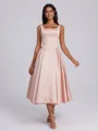 A-line Square Tea-Length Satin Corset Bridesmaid Dress