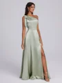 A-line One-Shoulder Bow Floor-Length Silk Like Satin Corset Bridesmaid Dress