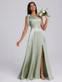 A-line One-Shoulder Bow Floor-Length Silk Like Satin Corset Bridesmaid Dress