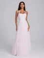 A-line Halter Pleated Floor-Length Tulle Corset Bridesmaid Dress