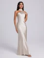 Sheath Halter Pleated Floor-Length Silk Like Satin Bridesmaid Dress