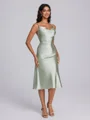 Sheath Spaghetti Straps Sash/Ribbon/Belt Tea-Length Silk Like Satin Bridesmaid Dress