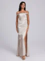 Sheath Off-the-Shoulder Pleated Floor-Length Silk Like Satin Corset Bridesmaid Dress