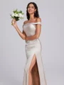 Sheath Off-the-Shoulder Pleated Floor-Length Silk Like Satin Corset Bridesmaid Dress
