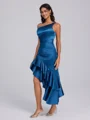Sheath One-Shoulder Cascading Ruffles Tea-Length Corset Bridesmaid Dress