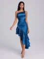 Sheath One-Shoulder Cascading Ruffles Tea-Length Corset Bridesmaid Dress