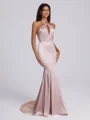 Sheath Halter Beading Sweep Train Silk Like Satin Corset Bridesmaid Dress