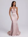Sheath Halter Beading Sweep Train Silk Like Satin Corset Bridesmaid Dress