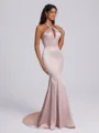 Sheath Halter Beading Sweep Train Silk Like Satin Corset Bridesmaid Dress