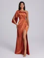 Sheath One-Shoulder Pleated Floor-Length Silk Like Satin Corset Bridesmaid Dress