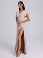 Sheath V-neck Short Sleeves Pleated Floor-Length Stretch Crepe Bridesmaid Dress