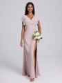 Sheath V-neck Short Sleeves Pleated Floor-Length Stretch Crepe Bridesmaid Dress