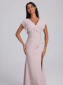 Sheath V-neck Short Sleeves Pleated Floor-Length Stretch Crepe Bridesmaid Dress