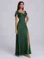 A-line Square Short Sleeves Pleated Floor-Length Satin Chiffon Corset Bridesmaid Dress