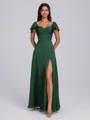A-line Square Short Sleeves Pleated Floor-Length Satin Chiffon Corset Bridesmaid Dress