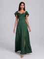 A-line Square Short Sleeves Pleated Floor-Length Satin Chiffon Corset Bridesmaid Dress