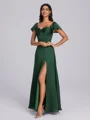 A-line Square Short Sleeves Pleated Floor-Length Satin Chiffon Corset Bridesmaid Dress