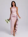 Sheath Halter Ruffles Floor-Length Bridesmaid Dress