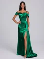 Sheath Cold Shoulder Pleated Floor-Length Bridesmaid Dress