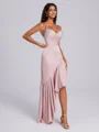 Sheath Spaghetti Straps Ruffles Floor-Length Silk Like Satin Corset Bridesmaid Dress