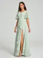 A-line/Princess V-neck Floor-Length Short Sleeves Chiffon Bridesmaid Dress