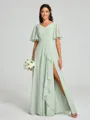 A-line/Princess V-neck Floor-Length Short Sleeves Chiffon Bridesmaid Dress