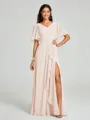 A-line/Princess V-neck Floor-Length Short Sleeves Chiffon Bridesmaid Dress
