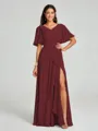 A-line/Princess V-neck Floor-Length Short Sleeves Chiffon Bridesmaid Dress