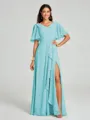 A-line/Princess V-neck Floor-Length Short Sleeves Chiffon Bridesmaid Dress