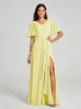 A-line/Princess V-neck Floor-Length Short Sleeves Chiffon Bridesmaid Dress