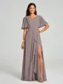 A-line/Princess V-neck Floor-Length Short Sleeves Chiffon Bridesmaid Dress