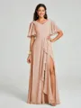 A-line/Princess V-neck Floor-Length Short Sleeves Chiffon Bridesmaid Dress