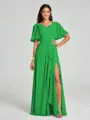 A-line/Princess V-neck Floor-Length Short Sleeves Chiffon Bridesmaid Dress