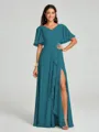 A-line/Princess V-neck Floor-Length Short Sleeves Chiffon Bridesmaid Dress