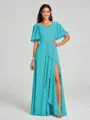 A-line/Princess V-neck Floor-Length Short Sleeves Chiffon Bridesmaid Dress