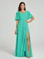 A-line/Princess V-neck Floor-Length Short Sleeves Chiffon Bridesmaid Dress